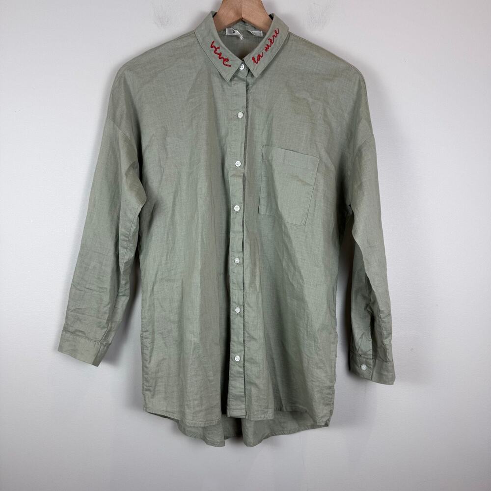 Buru‎ Shirt Women S Green 100% Cotton Roll-Tab Sleeve Button-Up Collar Classic